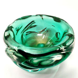 Archimede Seguso Murano Art Glass Bowl Dish Green Gold Italian Jelly Mould MCM